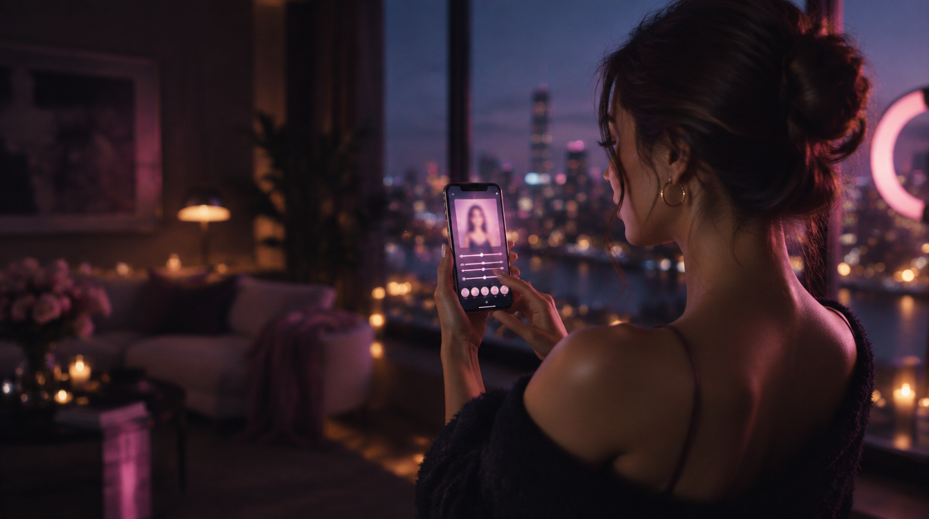 Mavi saatte telefondaki fotoğraf düzenleyiciyle selfie çeken genç kadın