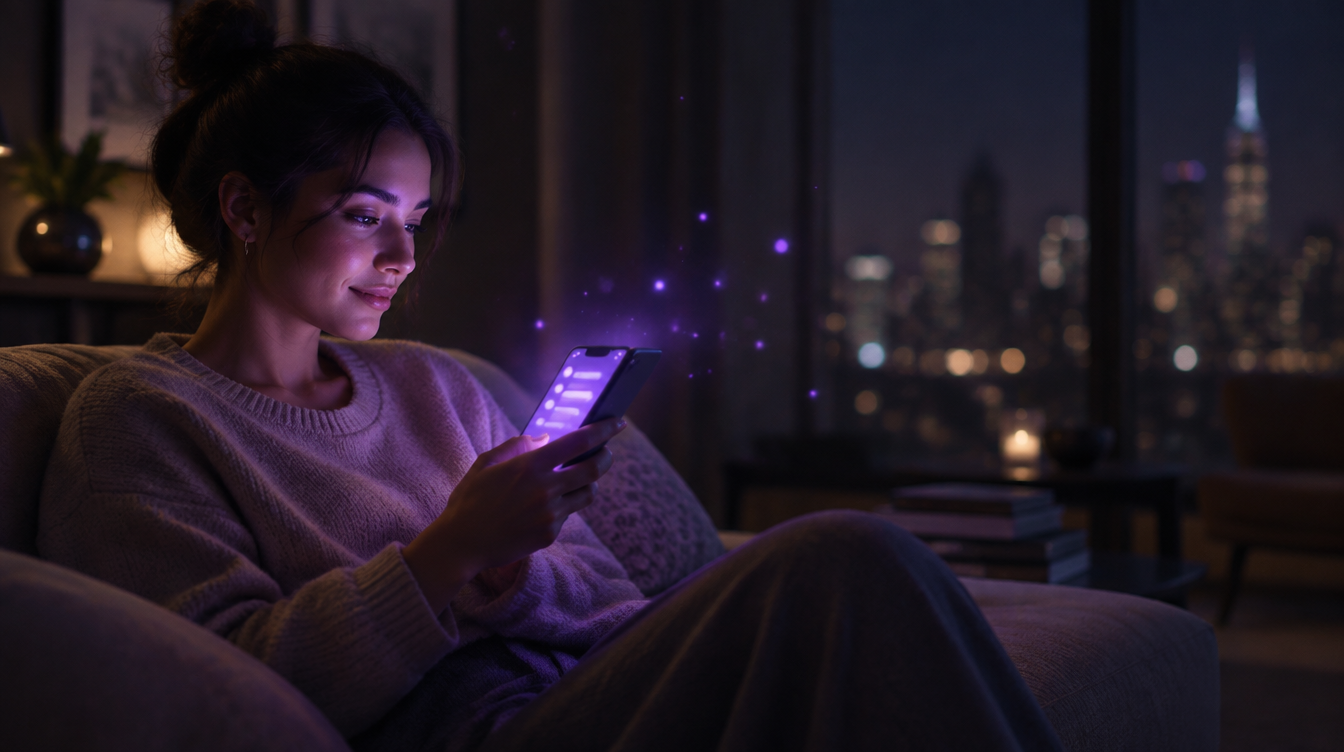 Gece odasında telefonunun mor ışığında rahatça soru soran genç bir yetişkin