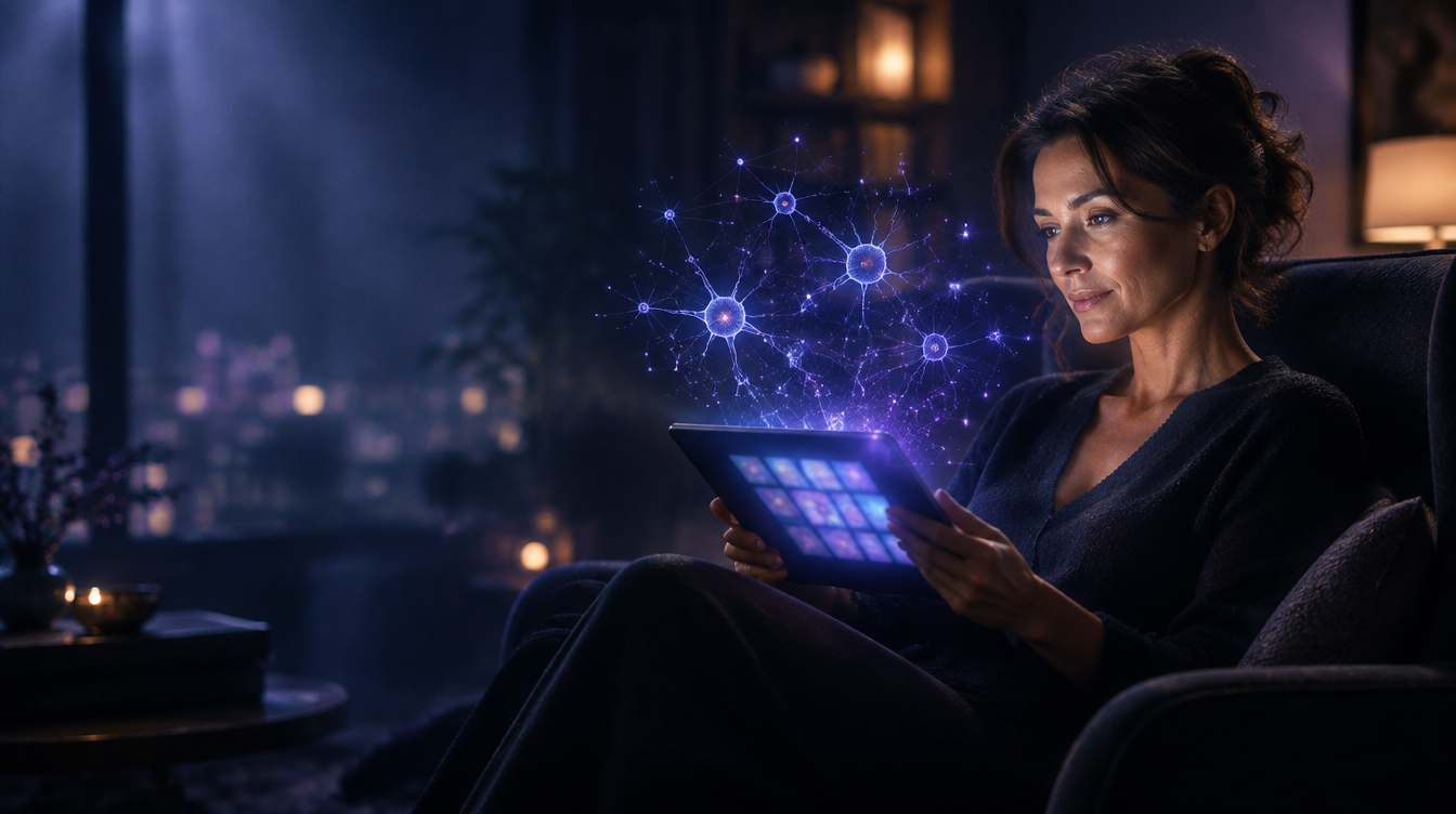 Tablette hafıza oyunu oynayan kadın ve üstünde parlayan nöron ağı